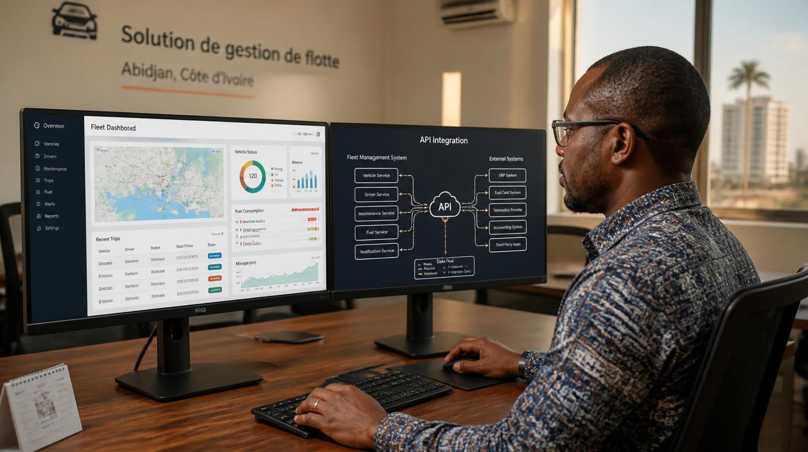 Responsable de flotte à Abidjan consultant un tableau de bord GPS et un schéma d'intégration API entre la plateforme de géolocalisation et l'ERP de l'entreprise