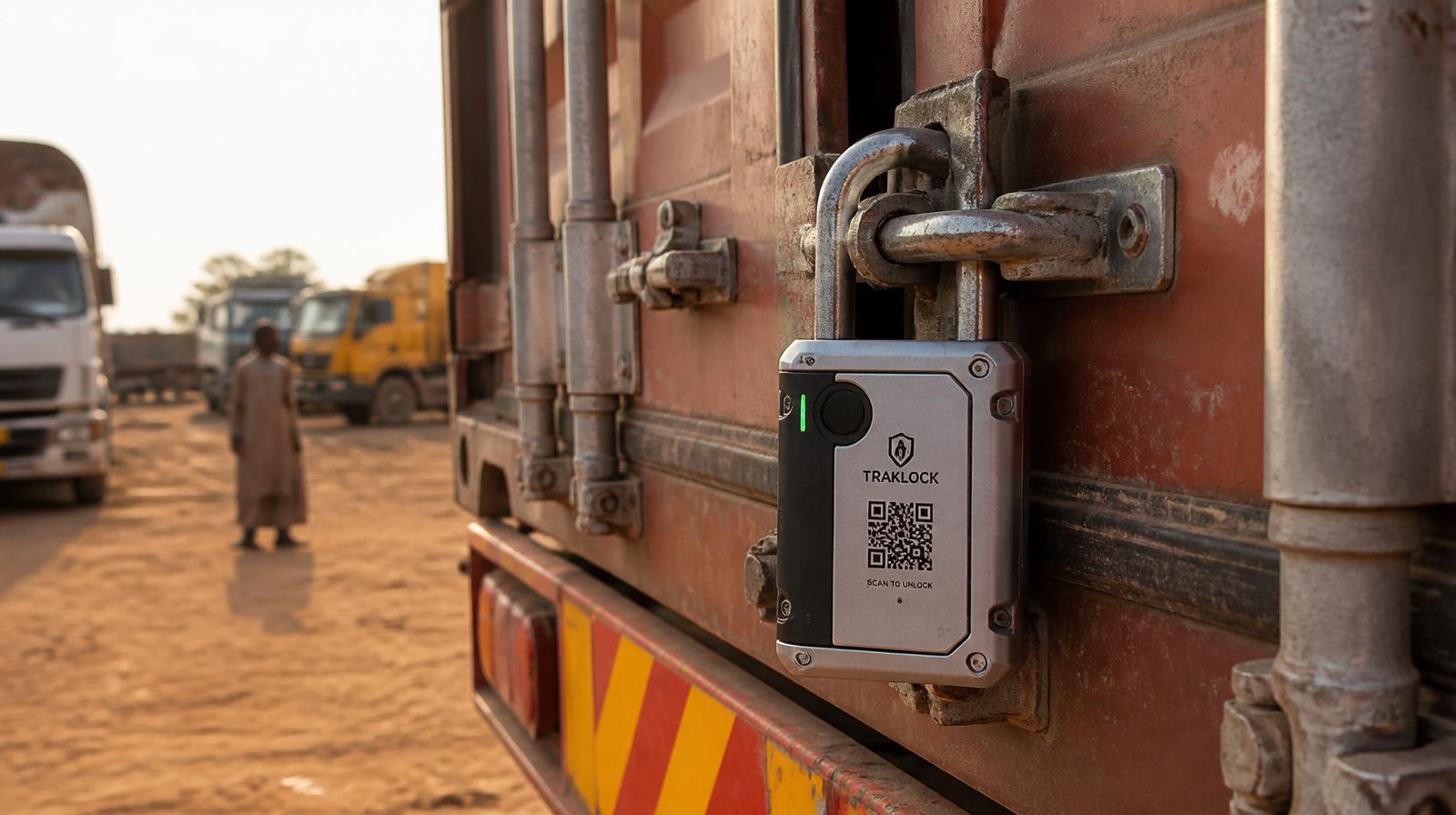 Cadenas GPS intelligent connecté verrouillant la porte d'une remorque de camion sur une plateforme logistique en Afrique de l'Ouest