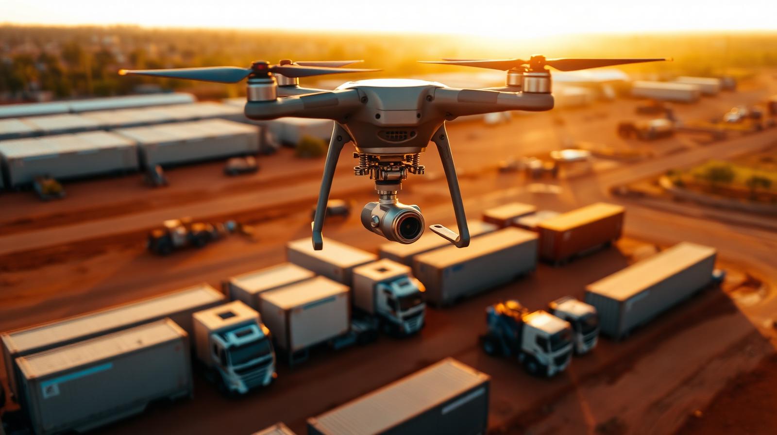 Drone professionnel survolant un dépôt logistique en Afrique de l'Ouest pour l'inspection d'une flotte de camions
