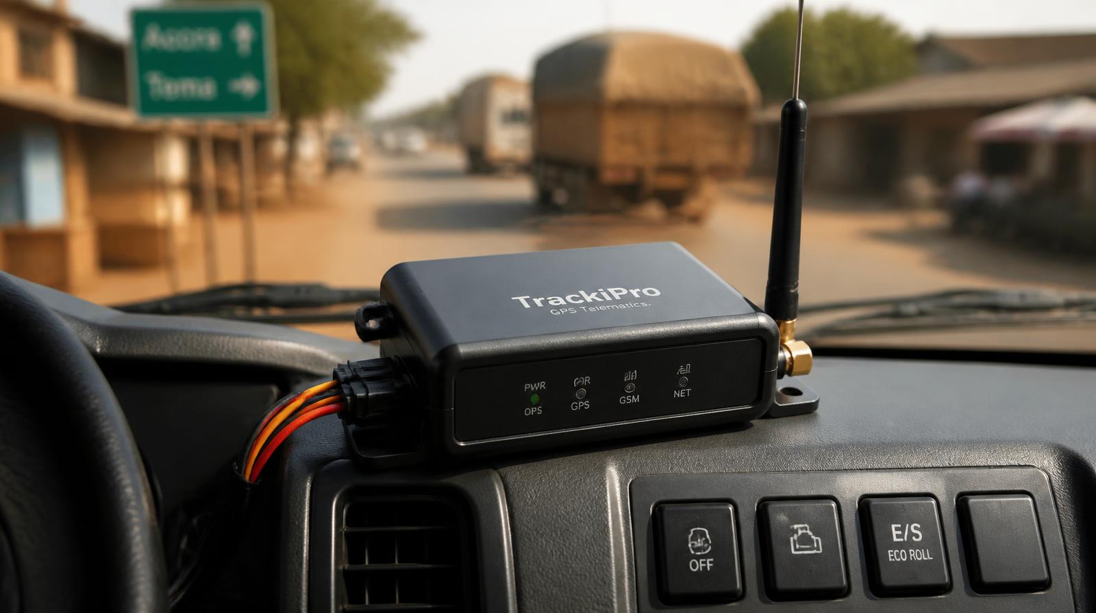 Boîtier GPS télématique professionnel installé sur le tableau de bord d'un camion en Afrique de l'Ouest