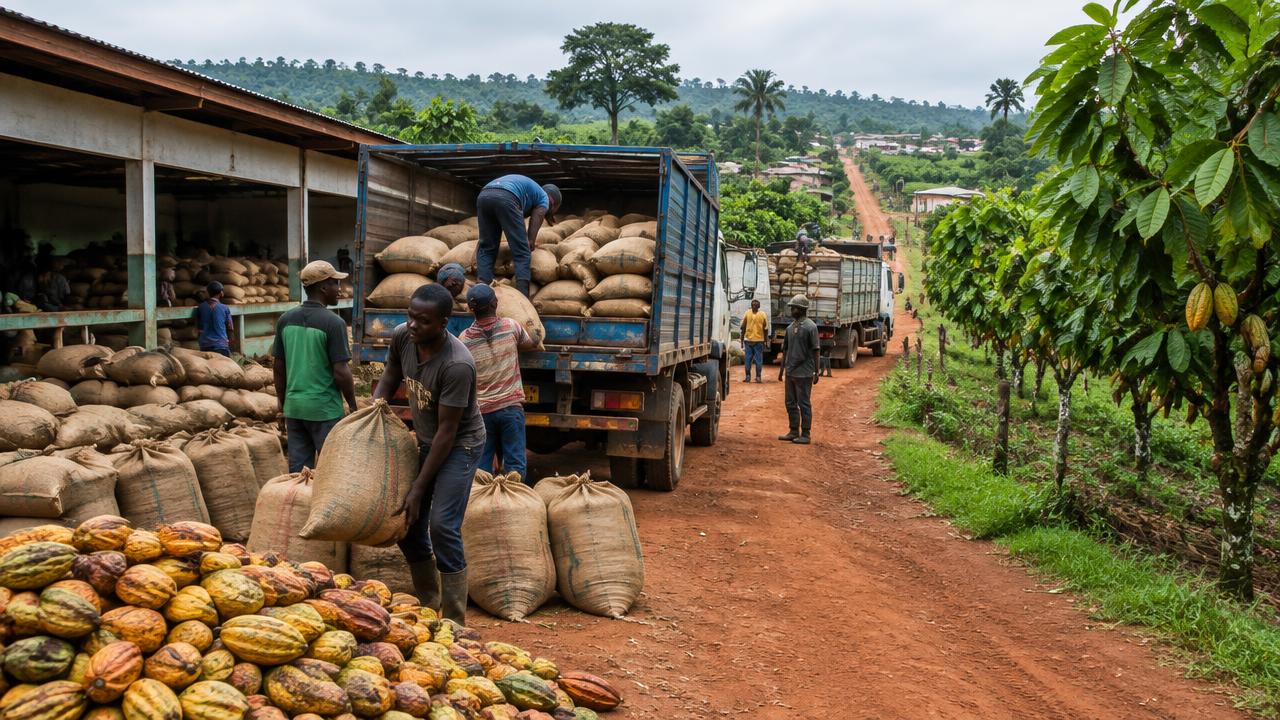 Camions de collecte de cacao équipés de GPS sur les routes reliant Gagnoa à Daloa et Divo