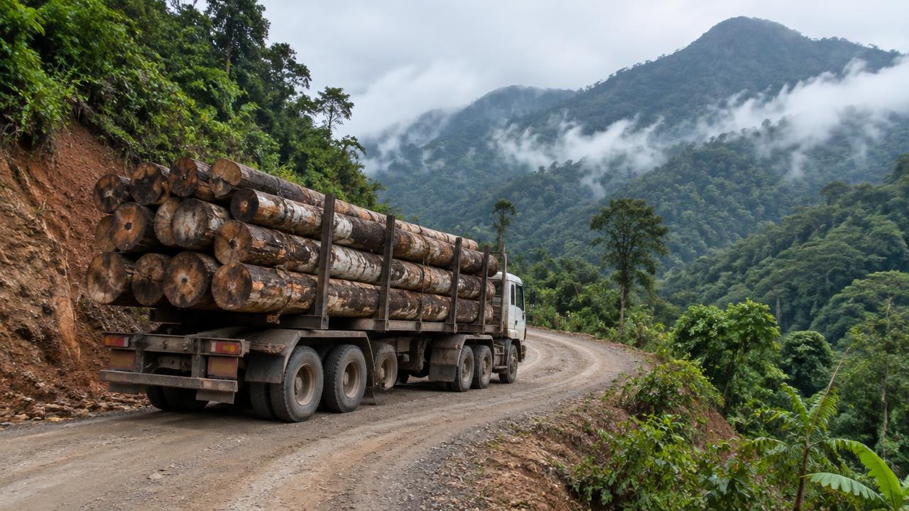 Camion forestier équipé d'un traceur GPS sur une route montagneuse du corridor de Man vers la Guinée et le Liberia