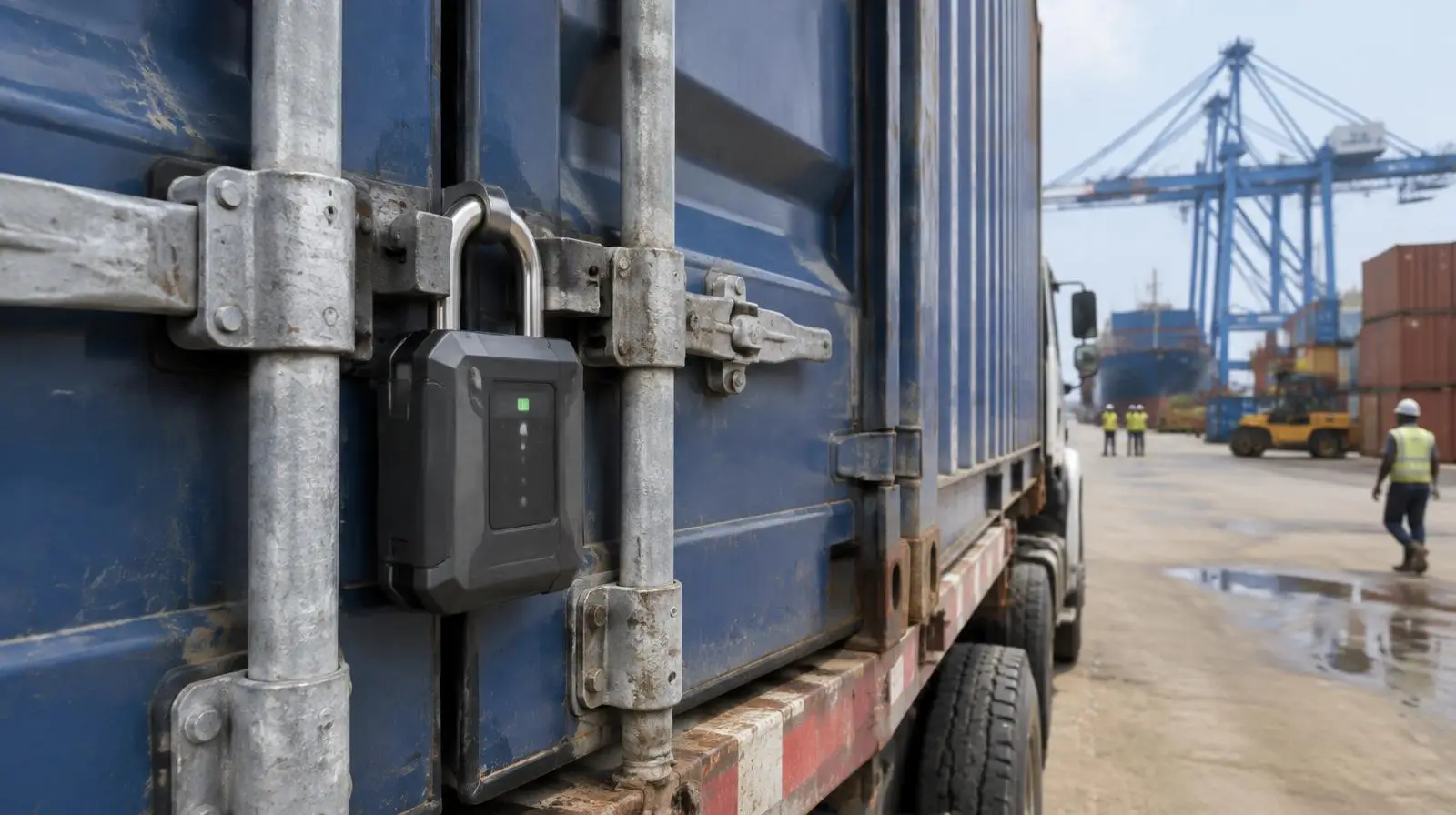 Cadenas GPS autonome verrouillant les portes d'un conteneur sur un camion